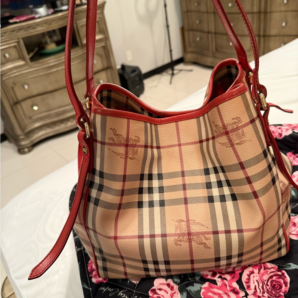 Burberry Red and Tan Shoulder Bag with Iconic Check Pattern